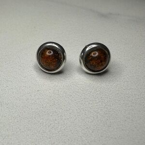 Amber Stud Earrings Sterling Silver Round Cabochon Gemstone Minimalist Jewelry